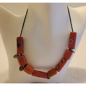 Chic Necklace Ethnic Porous Trade Beads Reddish Orange Spiral Metal Jewelry‎